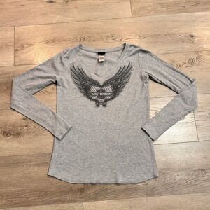 Harley-Davidson Long Sleeve V-Neck Graphic Tee Biker Top  Womens Size Small‎